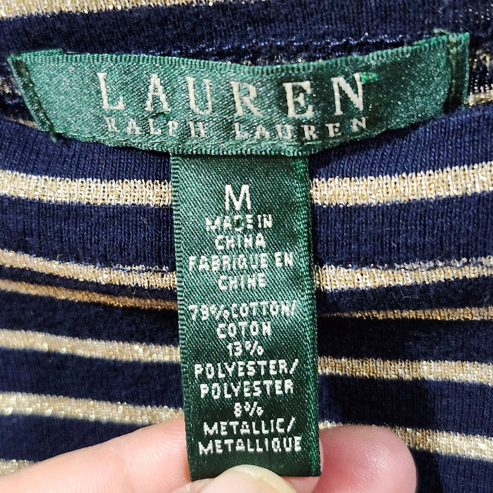LAUREN Ralph Lauren Women's M Striped Metallic Gold & Navy Boatneck TShirt Top - Picture 2 of 11